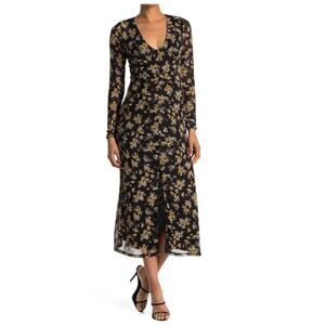 AFRM Tezza Black & Yellow Floral Ruched Mesh Bodycon Midi Dress XS